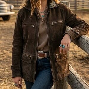 Easy Wear Vintage Nubuck Suede Leather Barn Coat 90s Plaid Lined Jacket Rugged